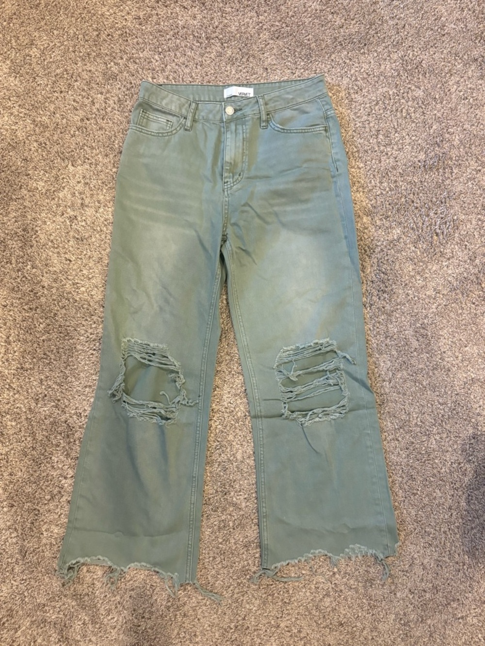Women's High-Rise Distressed Wide-Leg Jeans in Olive Green
